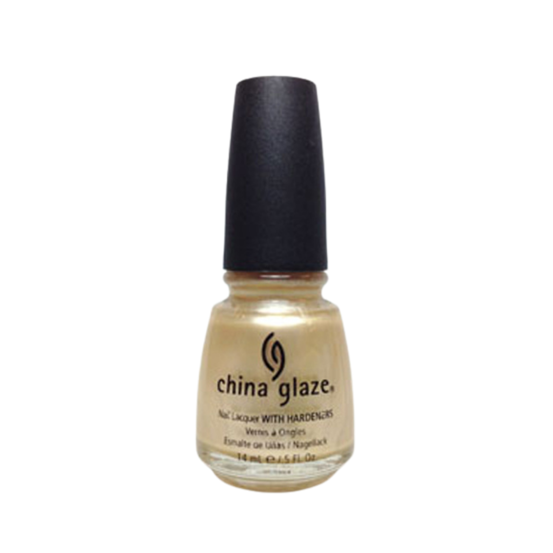 A bottle of China Glaze nail polish with a black cap and a light beige/champagne colored liquid inside, shown on a plain white background.