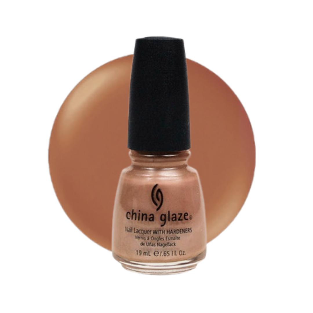 A bottle of China Glaze nail lacquer with hardeners in a warm nude beige shade, featuring a black cap and a matching beige color swatch circle in the background.