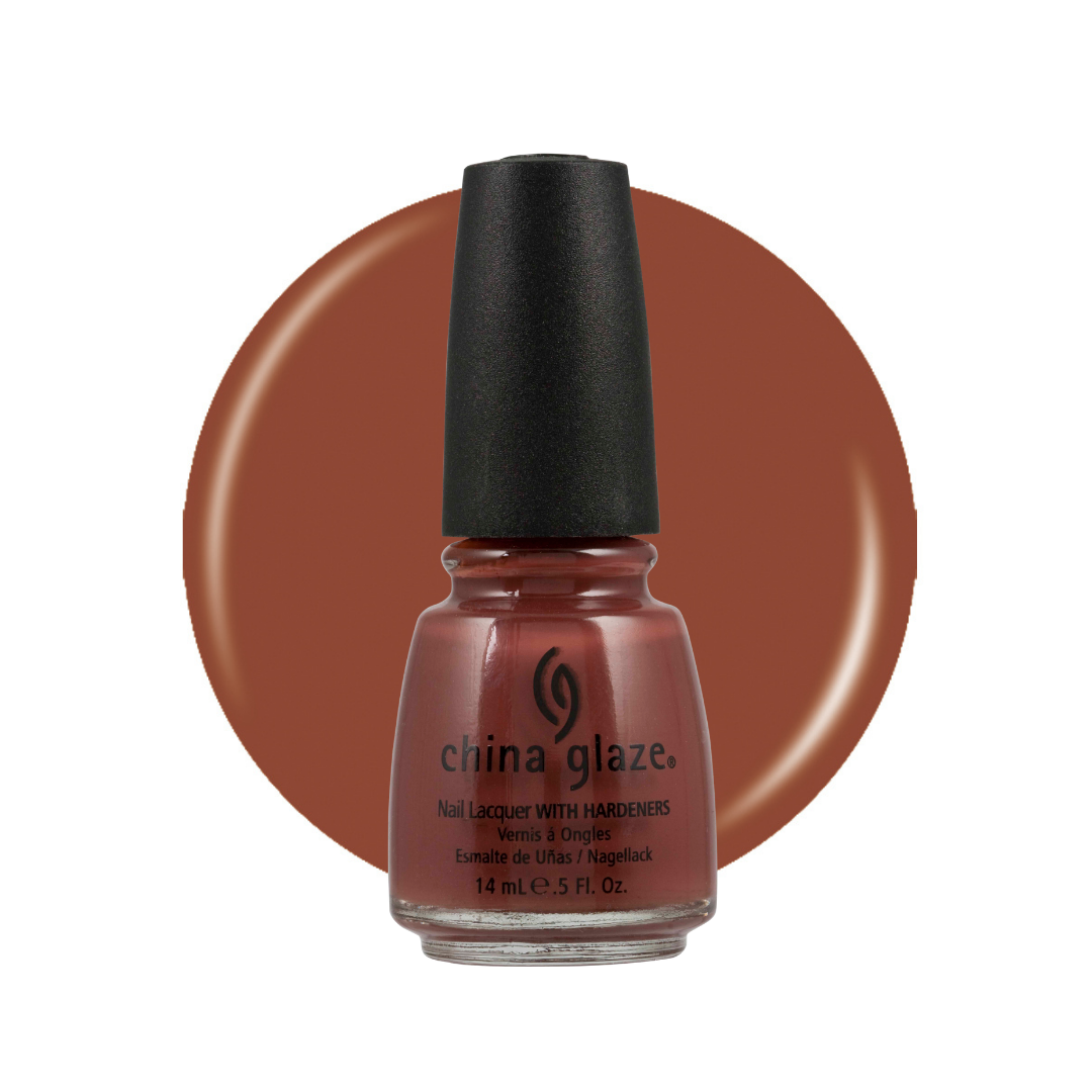 A bottle of China Glaze nail polish in a warm terracotta brown shade, shown in front of a matching circular color swatch on a white background.