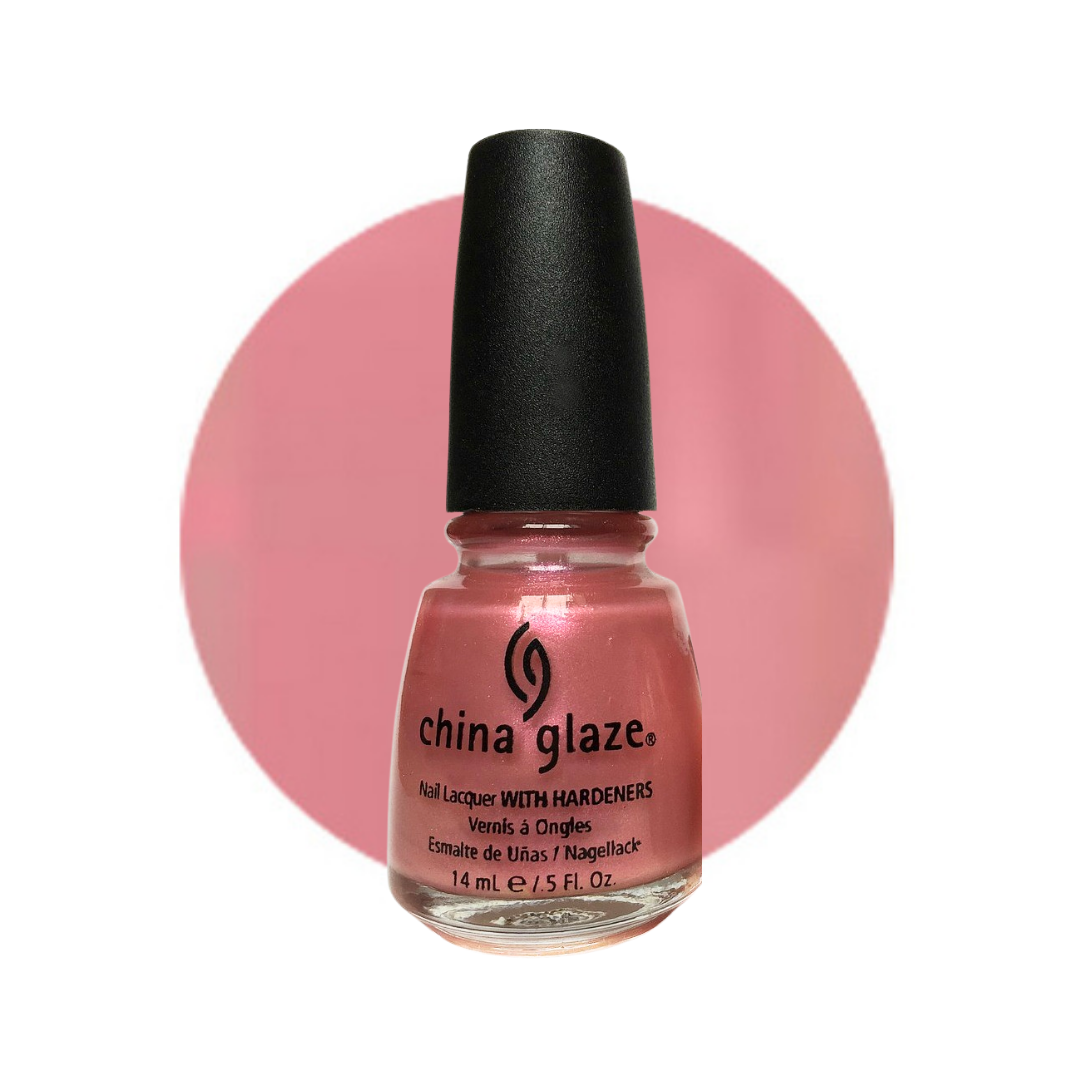 A bottle of China Glaze nail polish with hardeners in a dusty pink shade, featuring a black cap and a matching pink circular color swatch behind it on a white background.