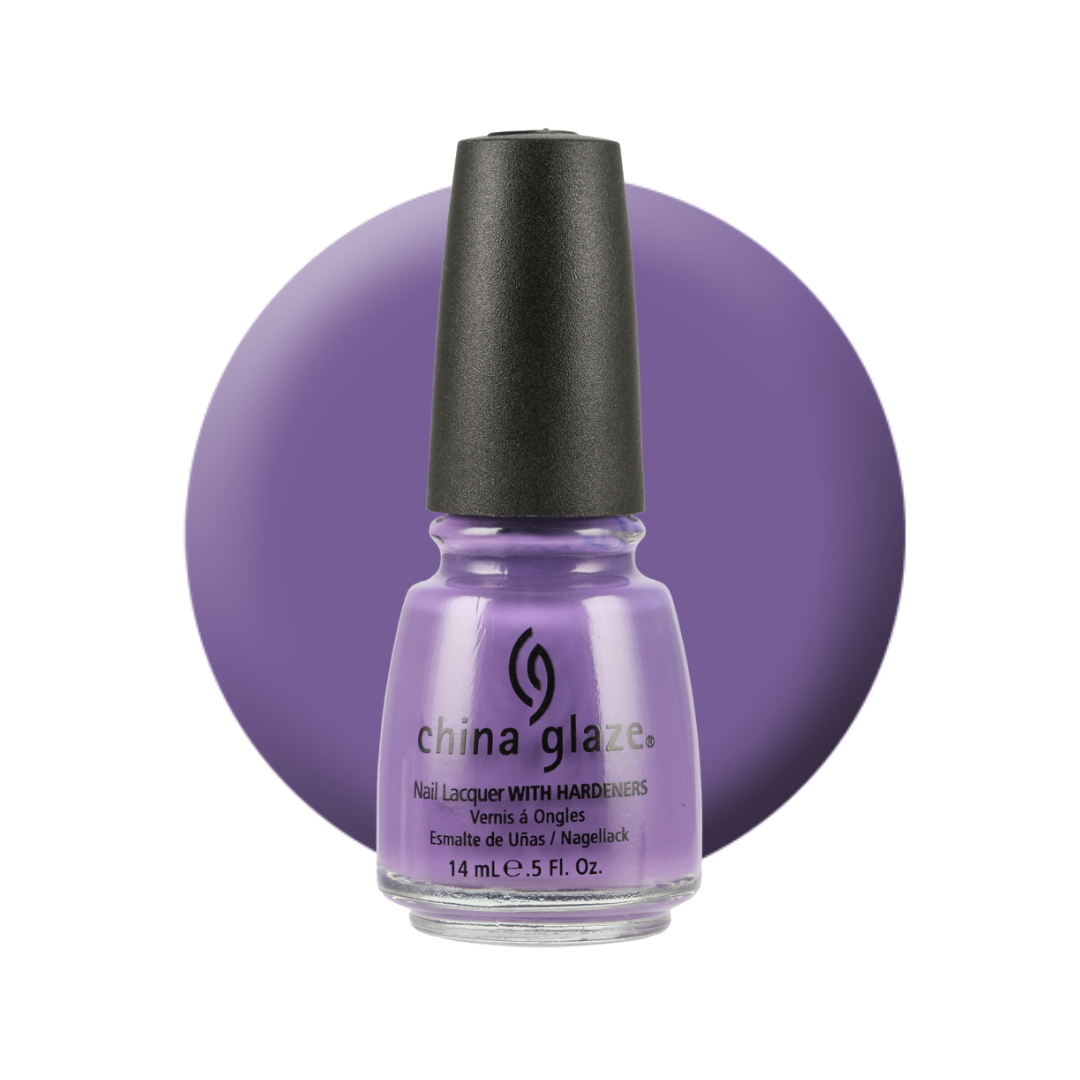 A bottle of China Glaze nail polish in a light purple shade, set against a matching purple circular color swatch on a white background.