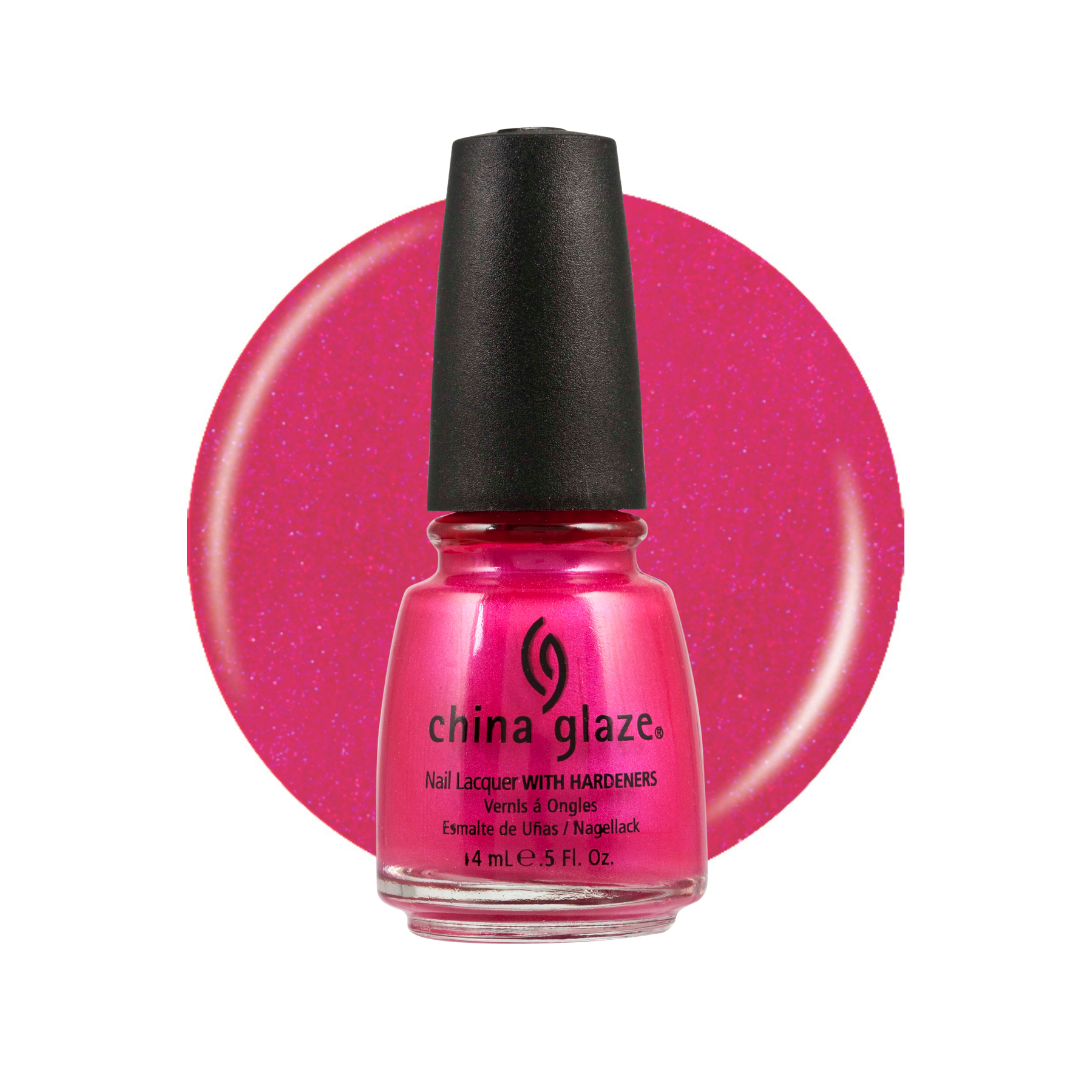 A bottle of China Glaze nail polish in a bright pink glitter shade, shown in front of a matching circular color swatch on a white background.