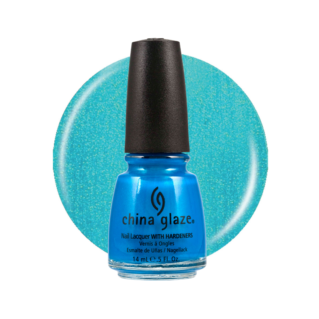 A bottle of China Glaze nail polish in a bright turquoise blue shade with a black cap, set against a matching turquoise glitter swatch circle on a white background.
