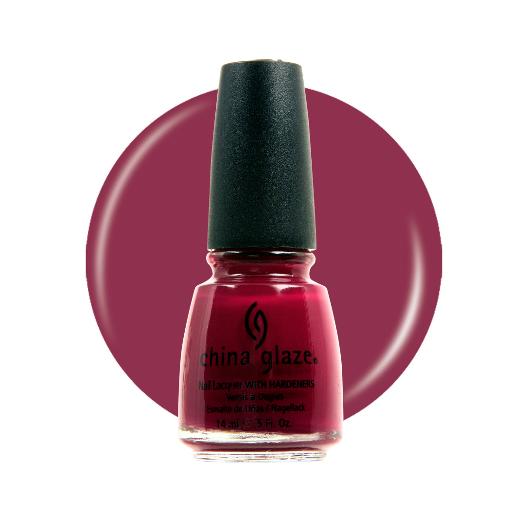 A bottle of China Glaze nail polish with hardeners in a deep berry pink shade, set against a matching circular color swatch on a white background.