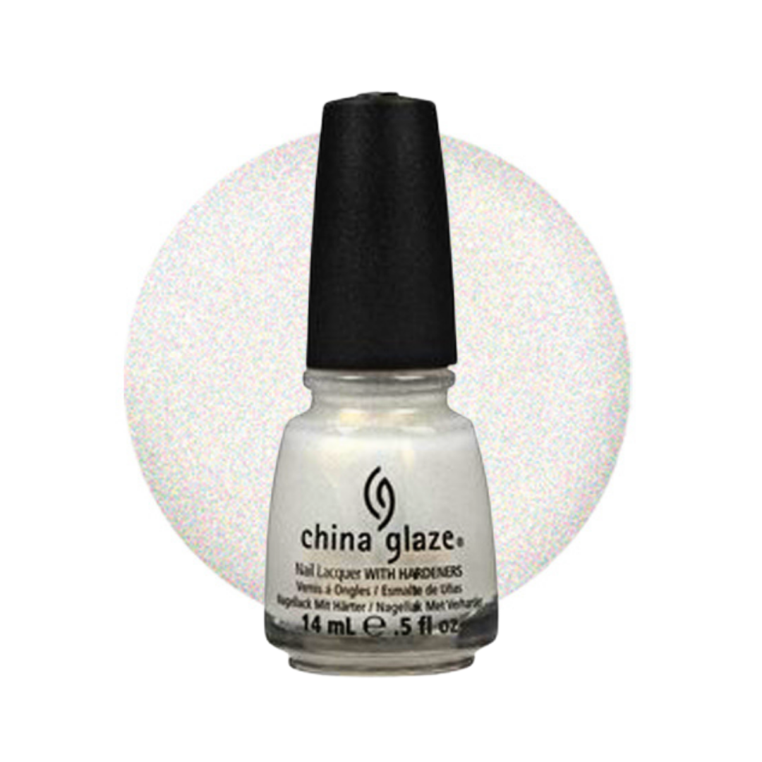 A bottle of China Glaze nail polish with hardeners in a shimmering white shade, featuring a black cap and a matching white glitter swatch circle behind it on a white background.