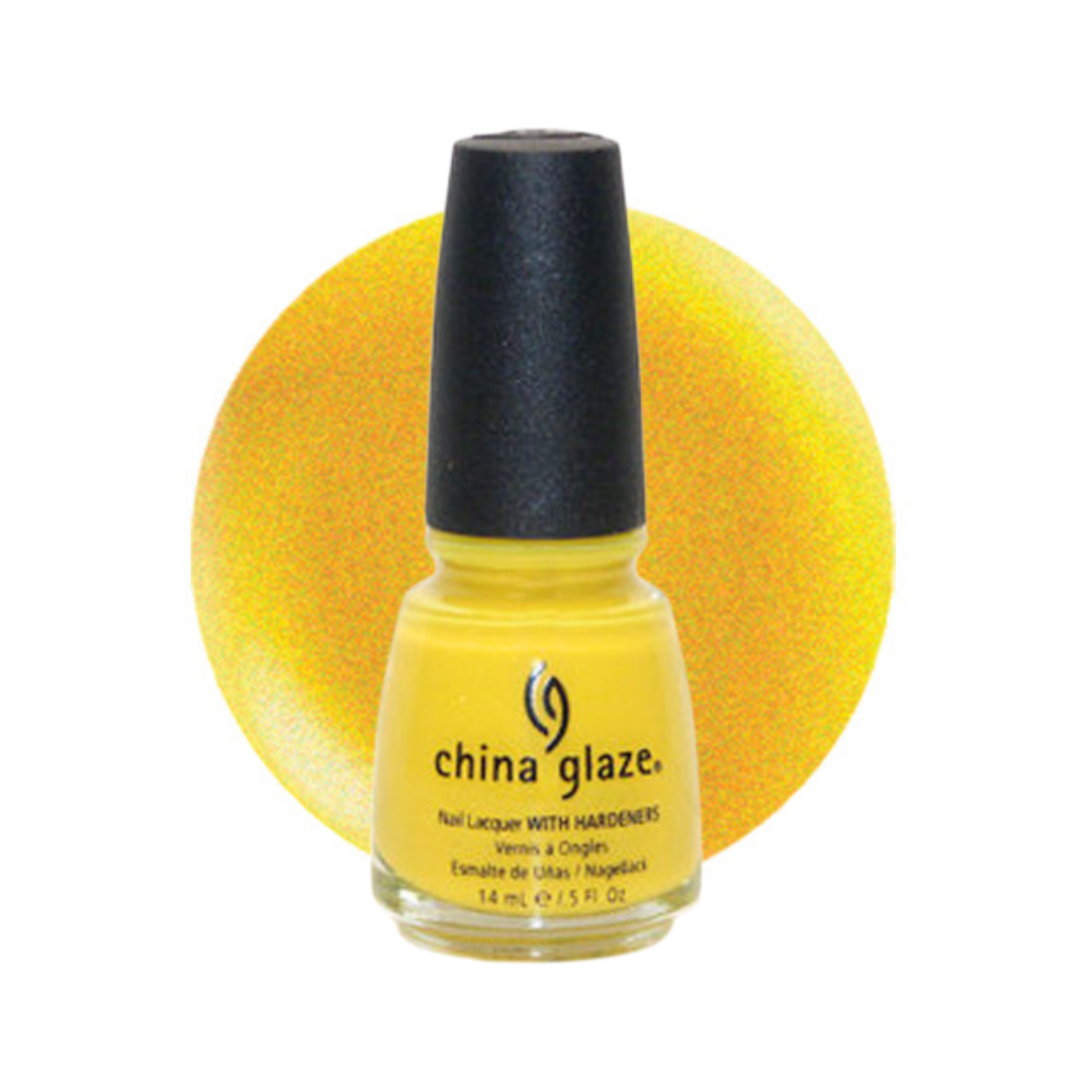 A bottle of China Glaze nail polish in a bright yellow shade with a black cap, set against a textured yellow circular background on a white studio backdrop.