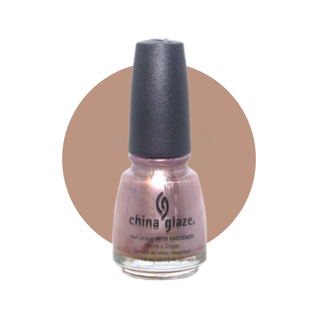 A bottle of China Glaze nail polish with a metallic pink-lilac shade and a black cap, centered against a tan circular color swatch on a white background.