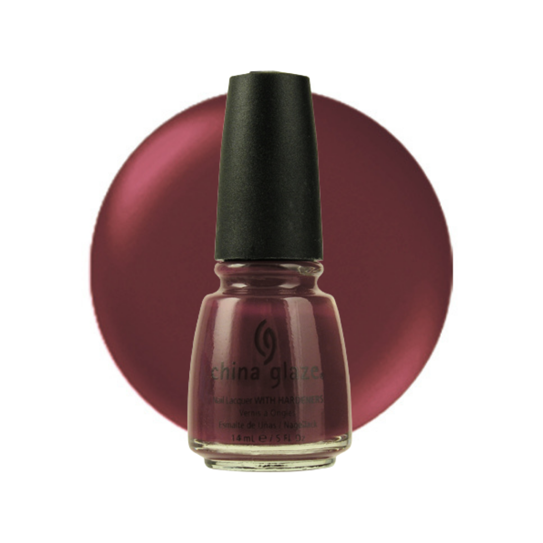 A bottle of China Glaze nail polish with a black cap, shown in front of a large circular color swatch of the same dusty rose-purple shade on a white background.