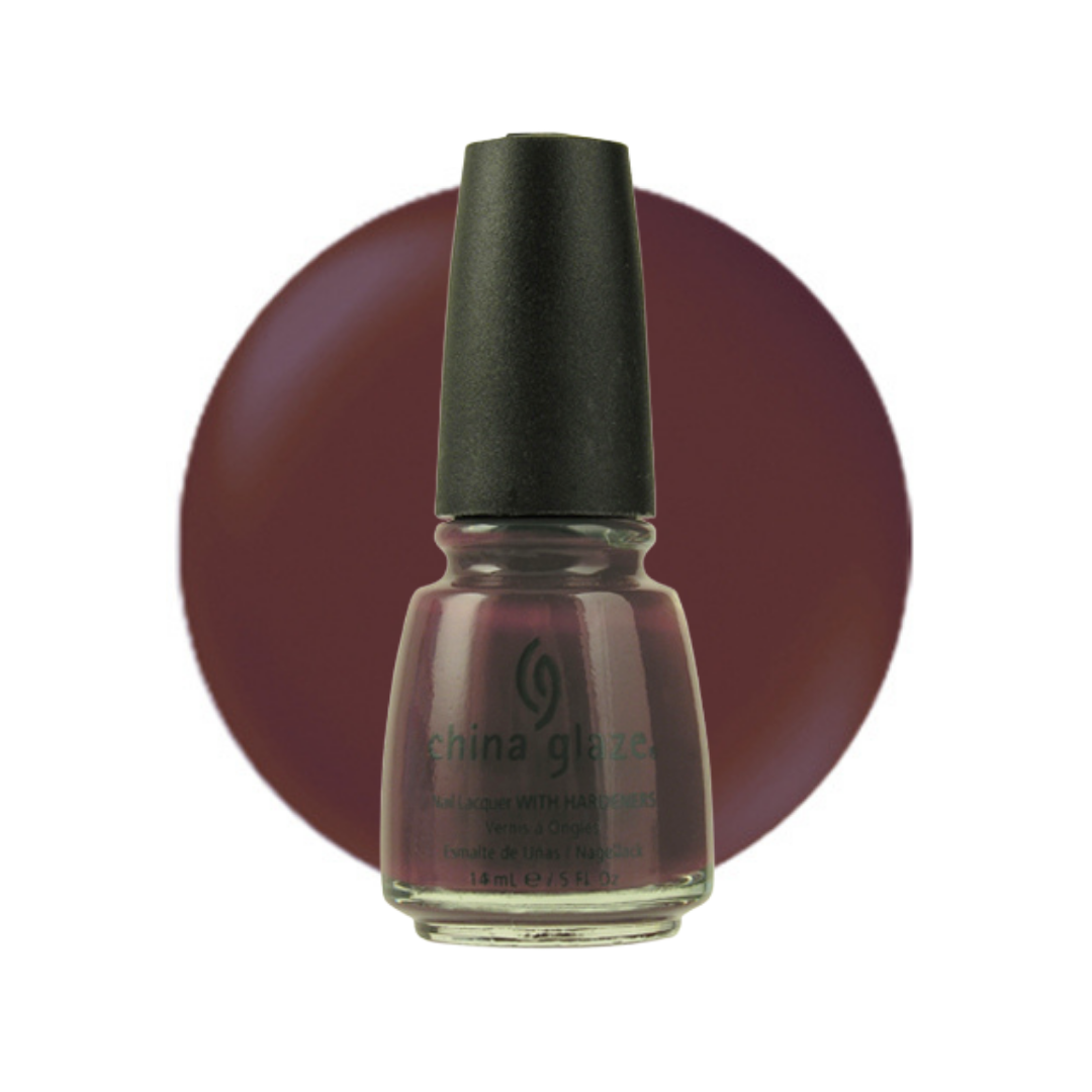 A bottle of China Glaze nail polish with a black cap, shown in front of a large circular swatch of the deep burgundy shade on a white background.