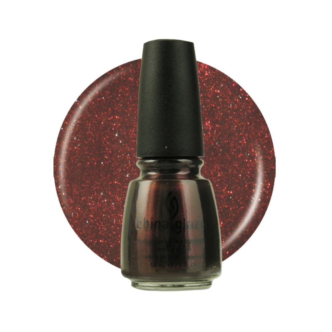 A bottle of China Glaze nail polish with a black cap, shown in front of a circular glitter swatch of the same dark red-brown shade on a white background.