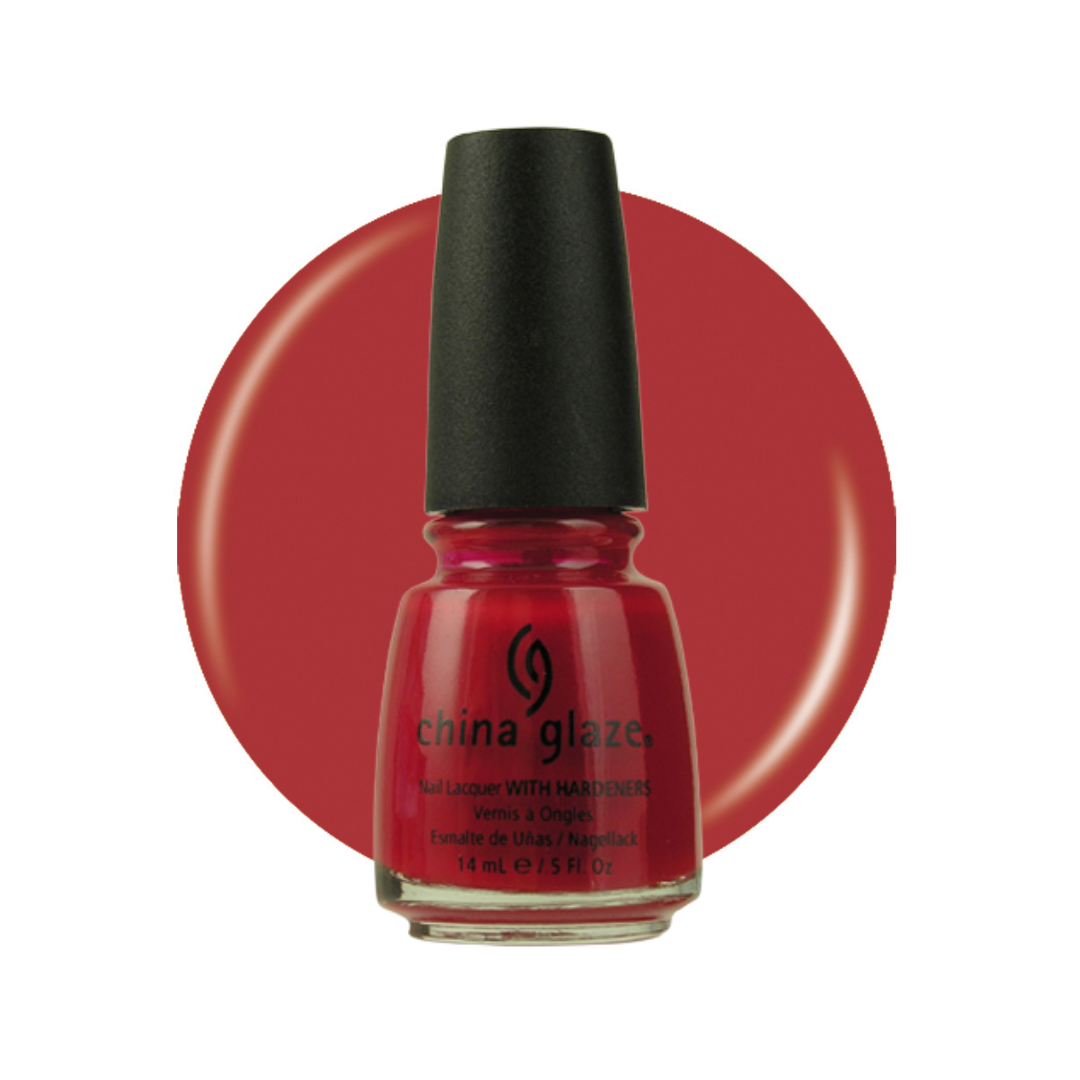 A bottle of China Glaze nail polish in a deep red shade, set against a matching red circular color swatch on a white background.