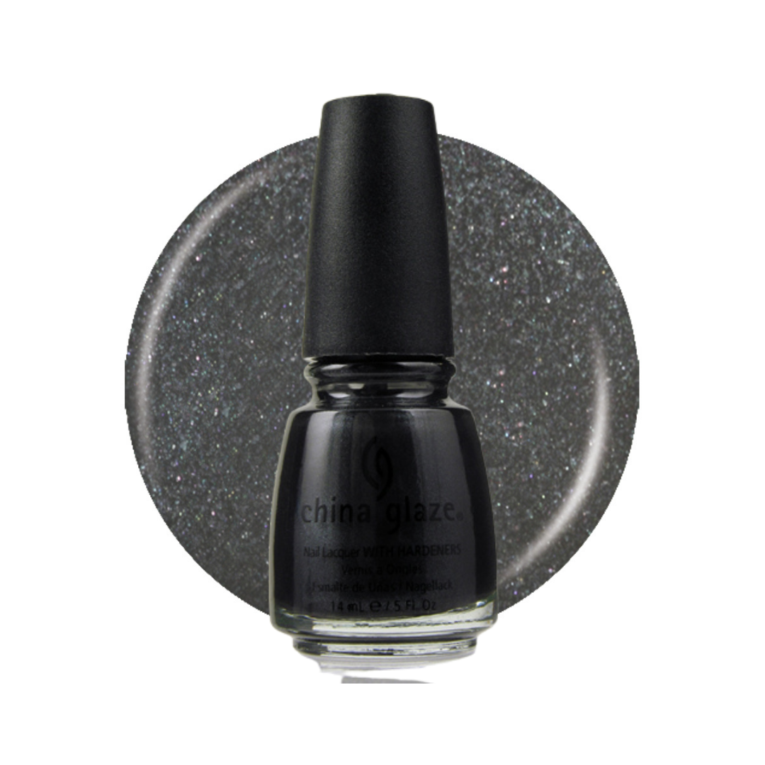 A bottle of China Glaze nail polish with a black cap, shown in front of a circular glitter swatch of the same dark gray sparkly shade on a white background.