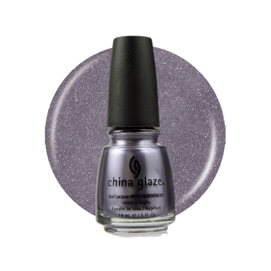 A bottle of China Glaze nail polish with a black cap, set against a circular swatch of the glittery lavender-purple polish on a white background.