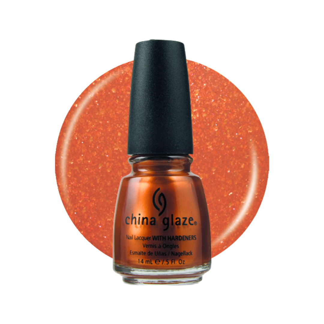 A bottle of China Glaze nail polish with hardeners in a shimmering burnt orange shade, shown in front of a matching circular color swatch on a white background.