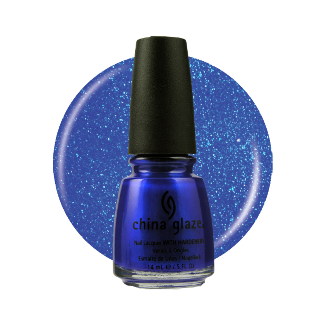 A bottle of China Glaze nail polish in a sparkling medium blue shade, shown in front of a matching circular swatch on a white background.