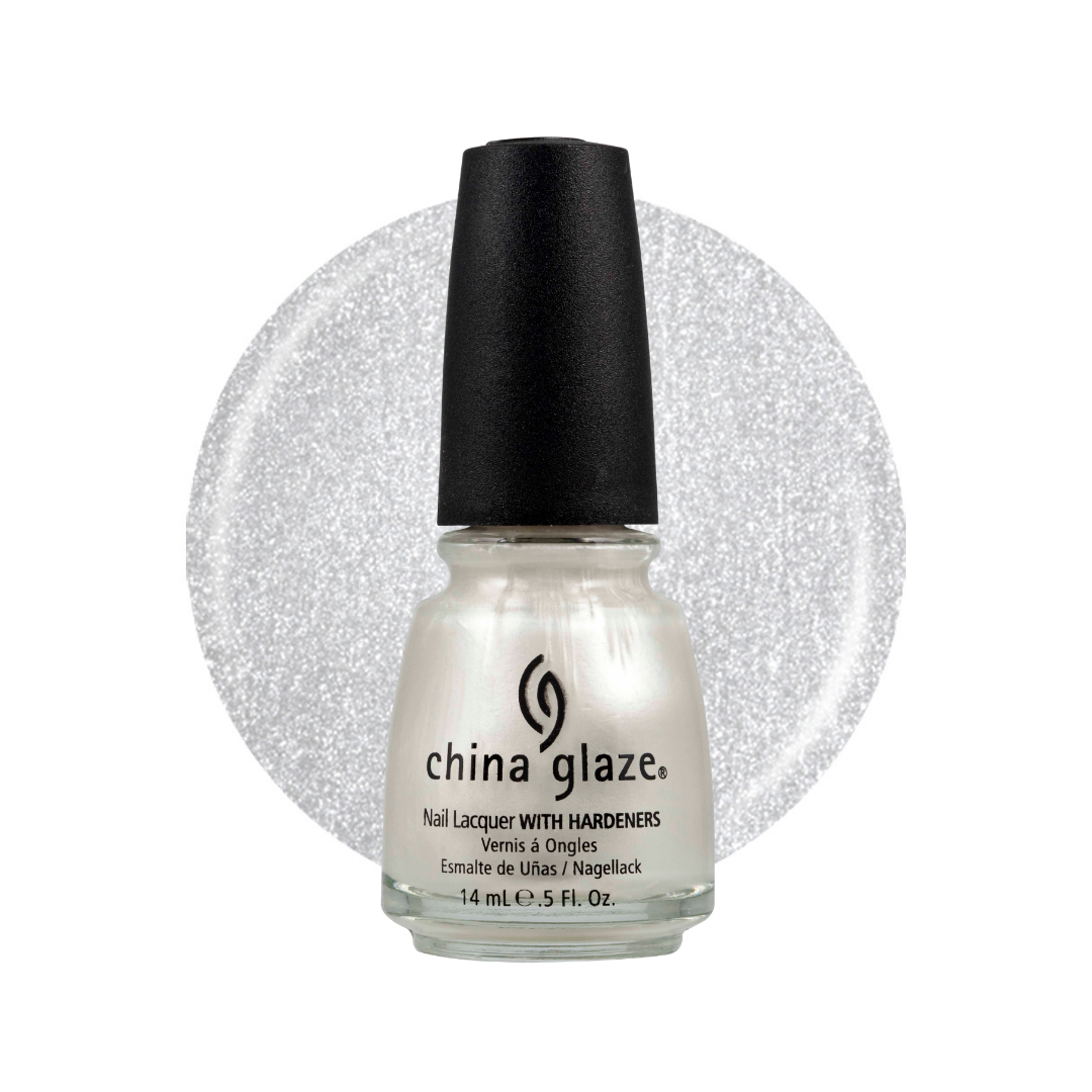 A bottle of China Glaze nail lacquer with hardeners in a shimmering silver glitter shade, shown against a white background with a matching silver glitter circular swatch behind it.