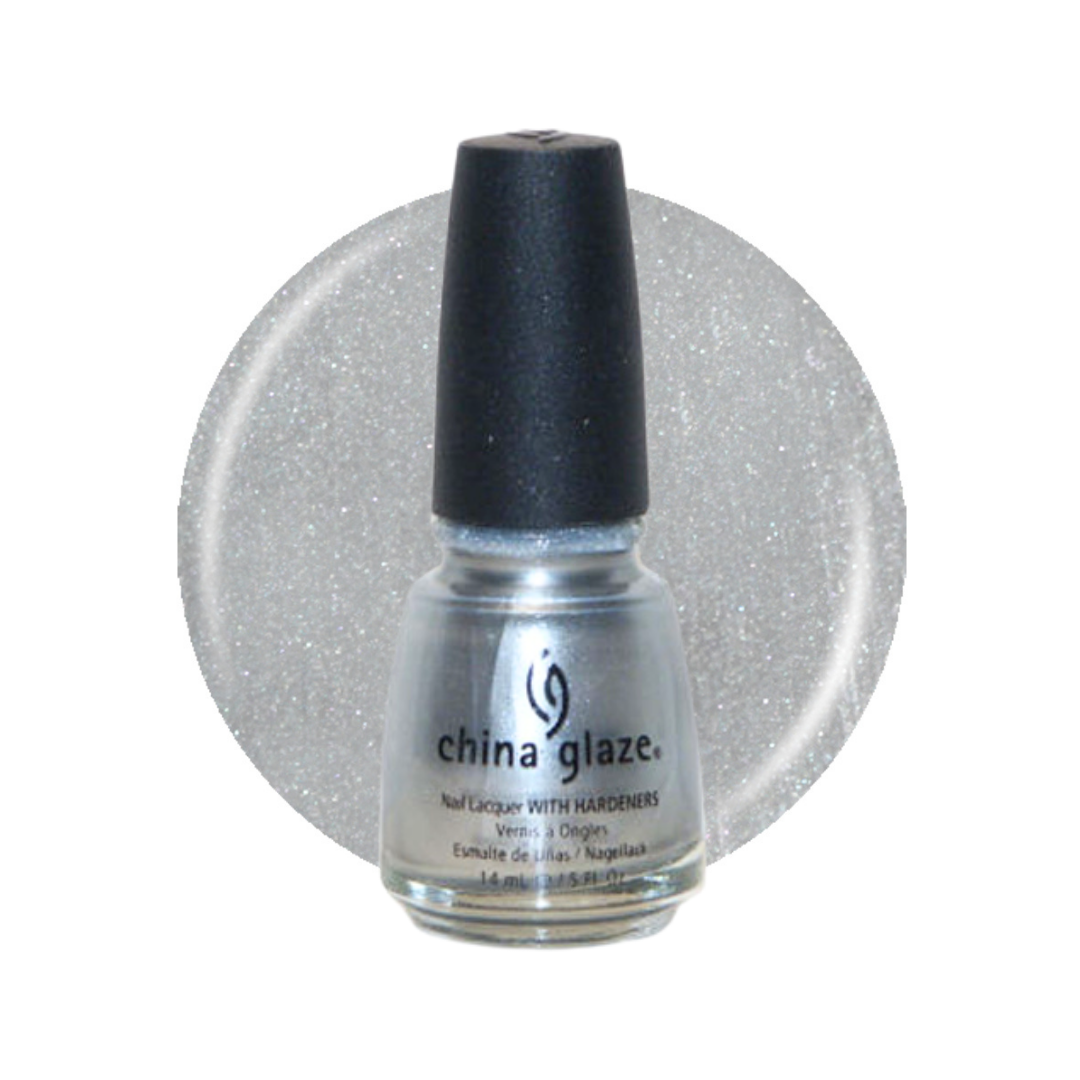 A bottle of China Glaze nail lacquer with hardeners in a shimmering silver glitter shade, shown against a white background with a circular swatch of the same glittery silver color behind it.
