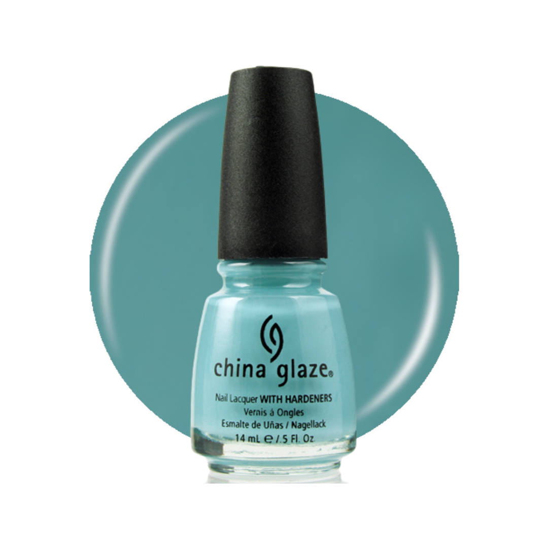 A bottle of China Glaze nail polish in a light teal shade, shown against a white background with a matching teal circular color swatch behind it.