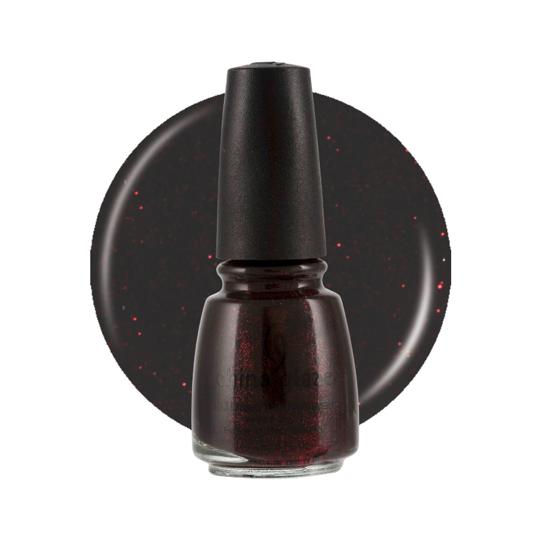 A bottle of Calypso Nail Color in the shade Black with Red Sparkle, featuring a dark red glittery nail polish and a matching circular swatch behind it on a white background.