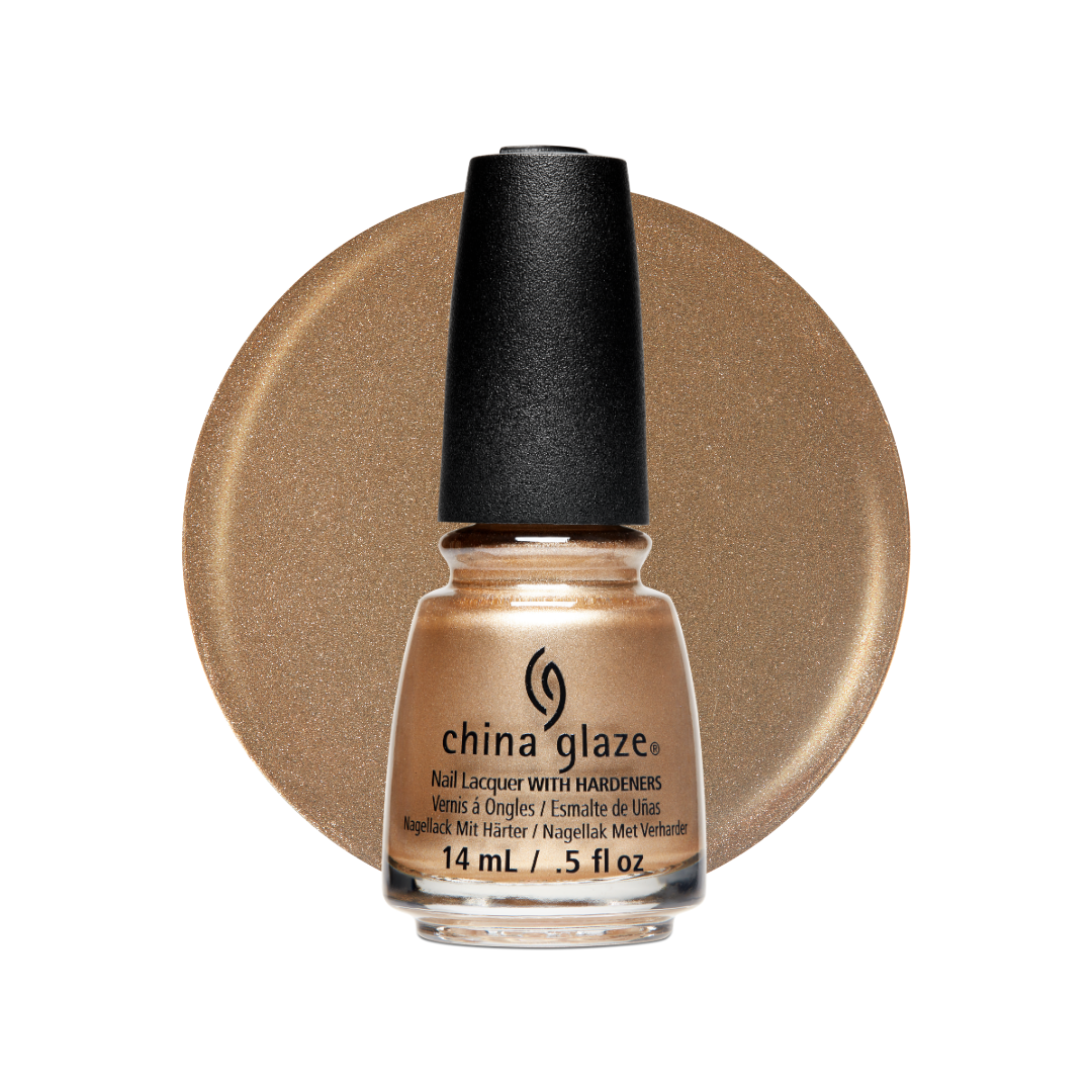 A bottle of China Glaze nail lacquer with hardeners in a shimmering champagne gold shade, shown in front of a matching circular color swatch on a white background.