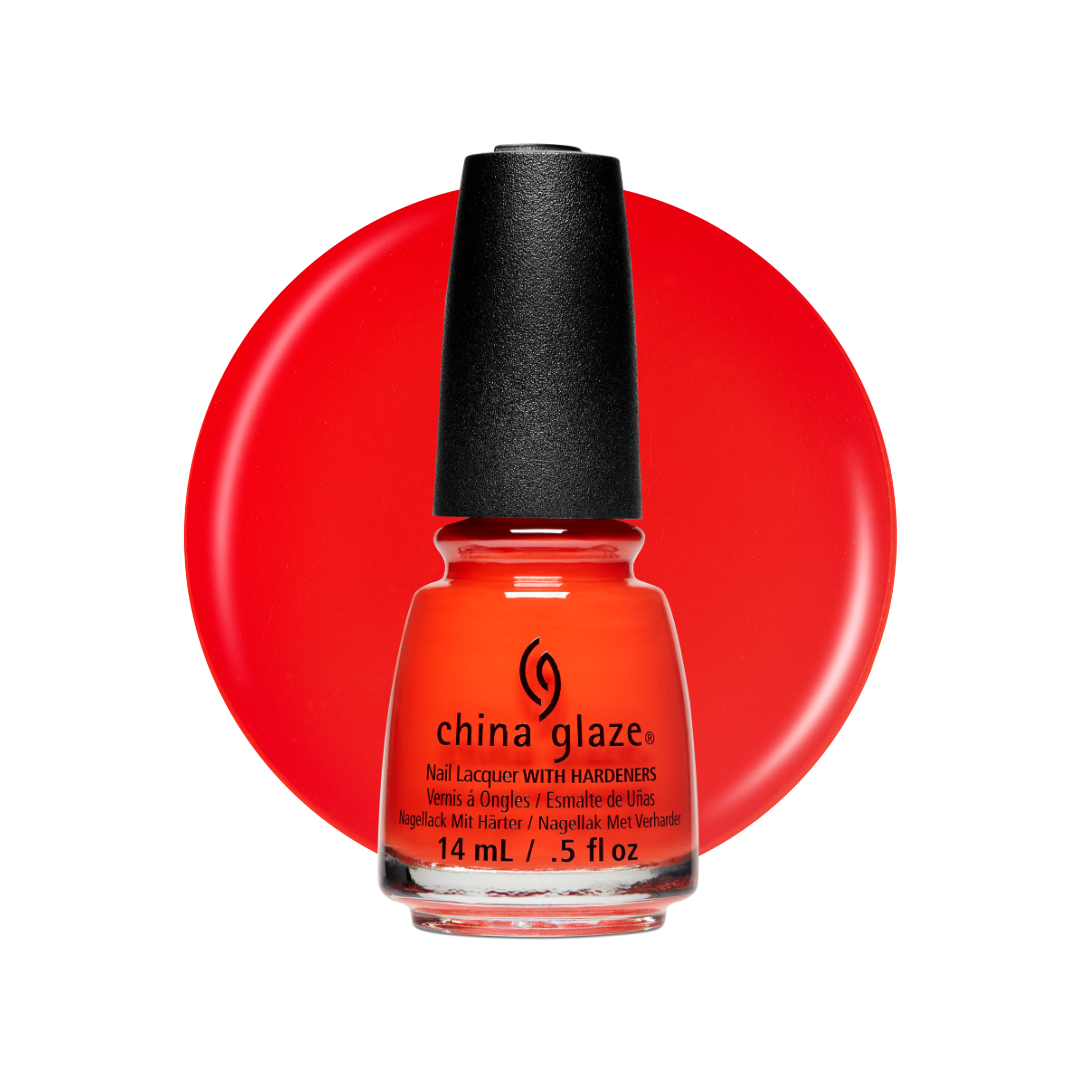 A bottle of China Glaze nail polish with a black cap, set against a bright red orange circular color swatch on a white background.