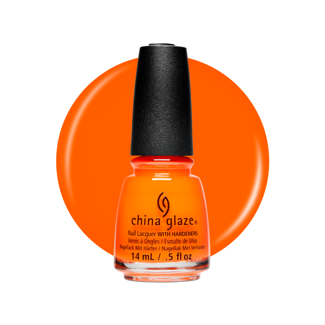 A bottle of China Glaze nail polish with hardeners in a vibrant orange shade, set against a matching orange circular color swatch on a white background.