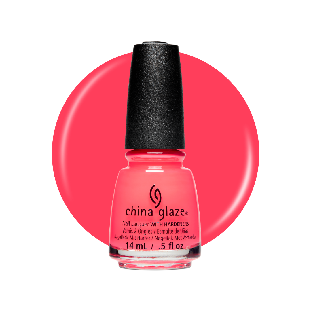 A bottle of China Glaze nail polish with hardeners in a bright coral pink shade, set against a matching circular color swatch on a white background.