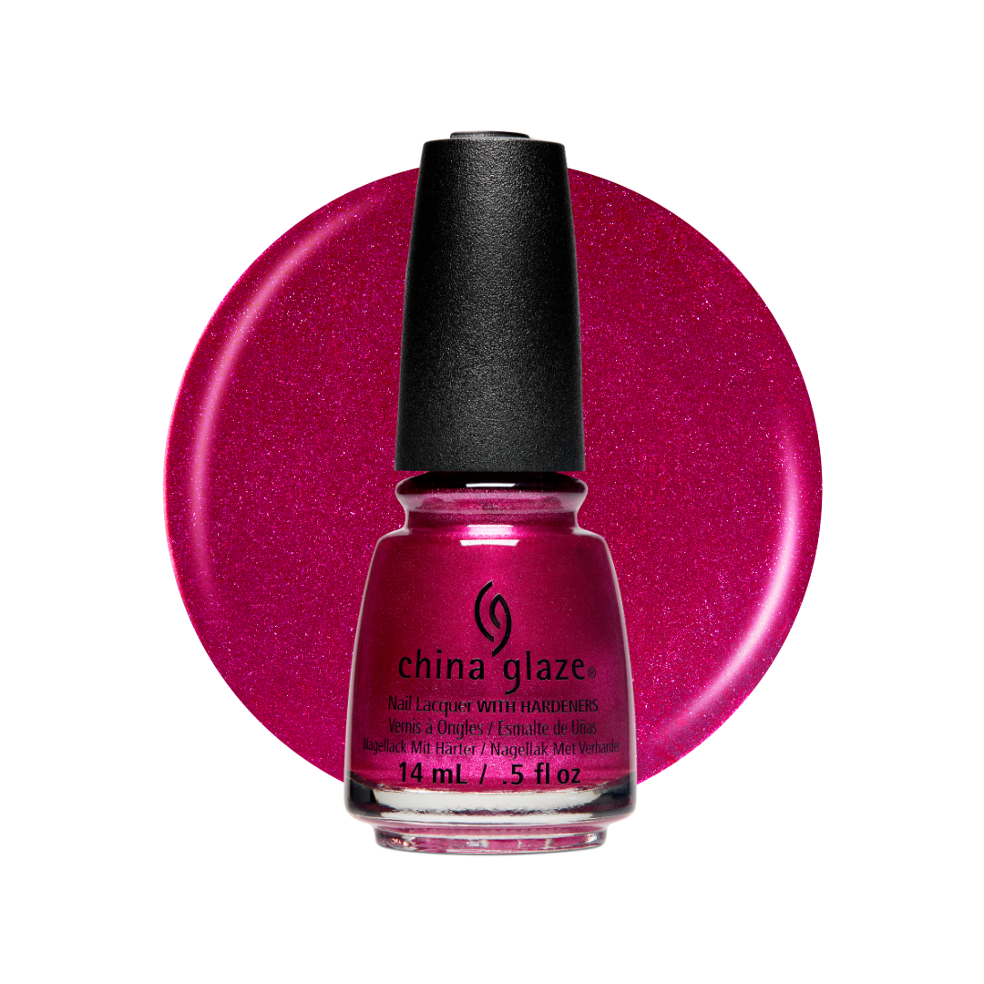 A bottle of China Glaze nail polish in a sparkling magenta-pink shade, set against a large matching circular color swatch on a white background.