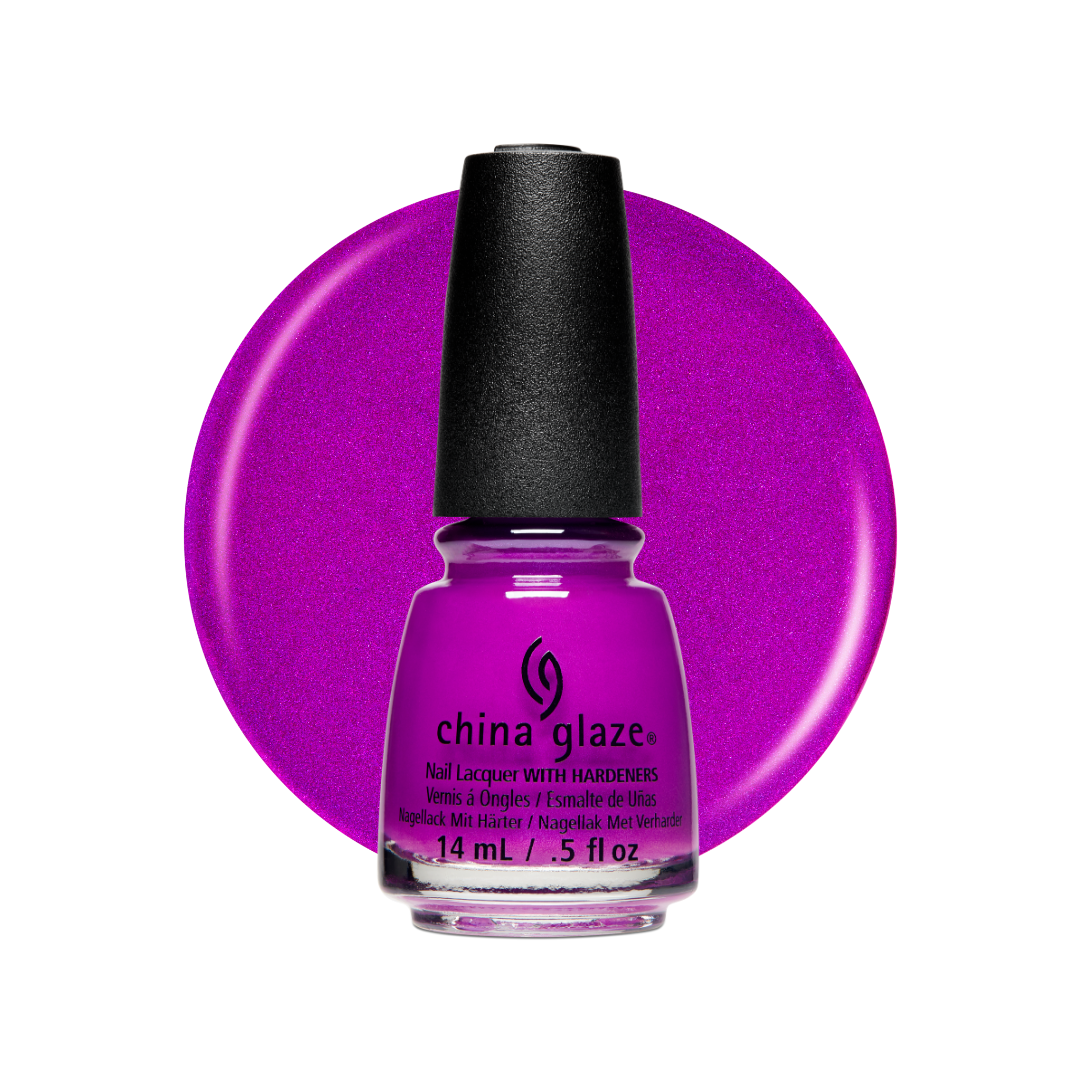 A bottle of China Glaze nail polish in a vibrant metallic magenta-purple shade, set against a matching circular color swatch on a white background.