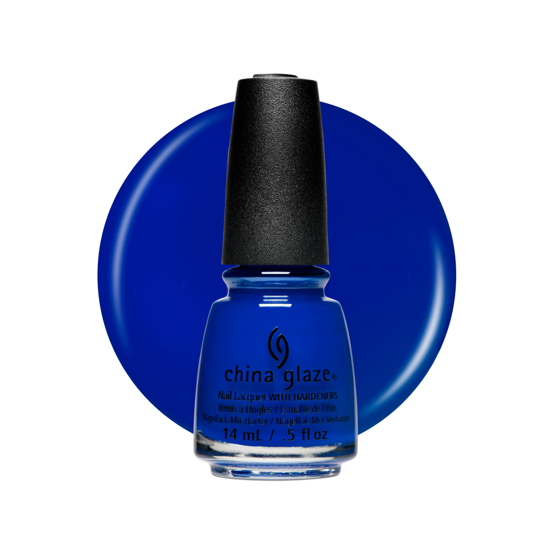 A bottle of China Glaze nail polish in a vivid royal blue shade, shown in front of a matching blue circular color swatch on a white background.