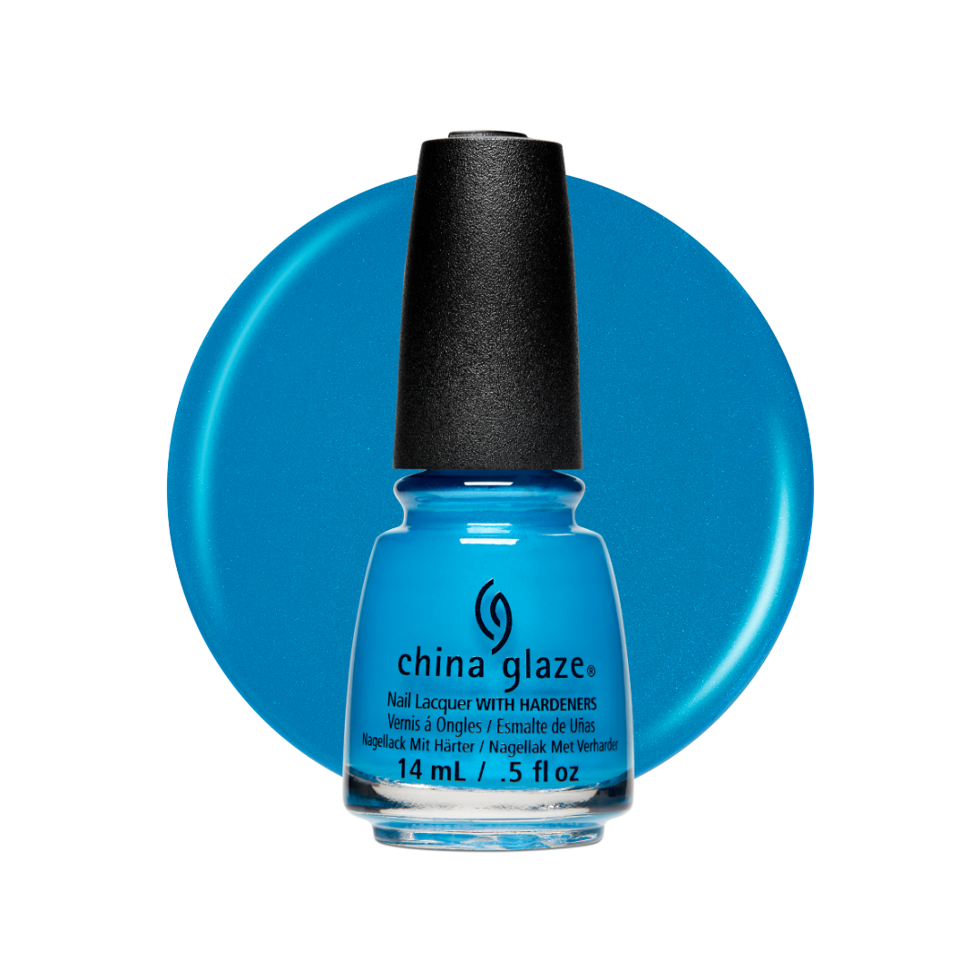 A bottle of China Glaze nail polish in a bright metallic blue shade, shown in front of a matching blue circular color swatch on a white background.