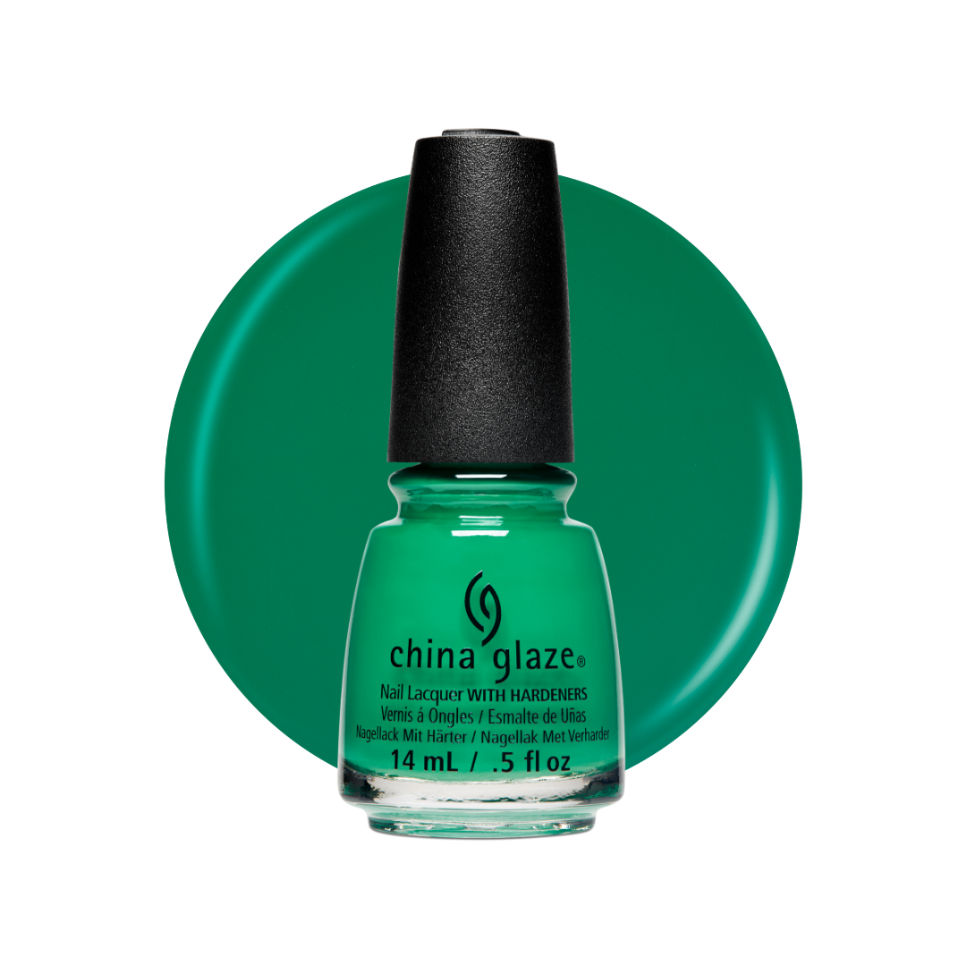 A bottle of China Glaze nail polish in a bright emerald green shade, set against a matching green circular color swatch on a white background.