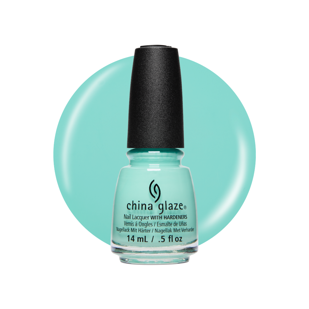 A bottle of China Glaze nail polish in a minty turquoise shade, shown in front of a matching circular color swatch on a white background.