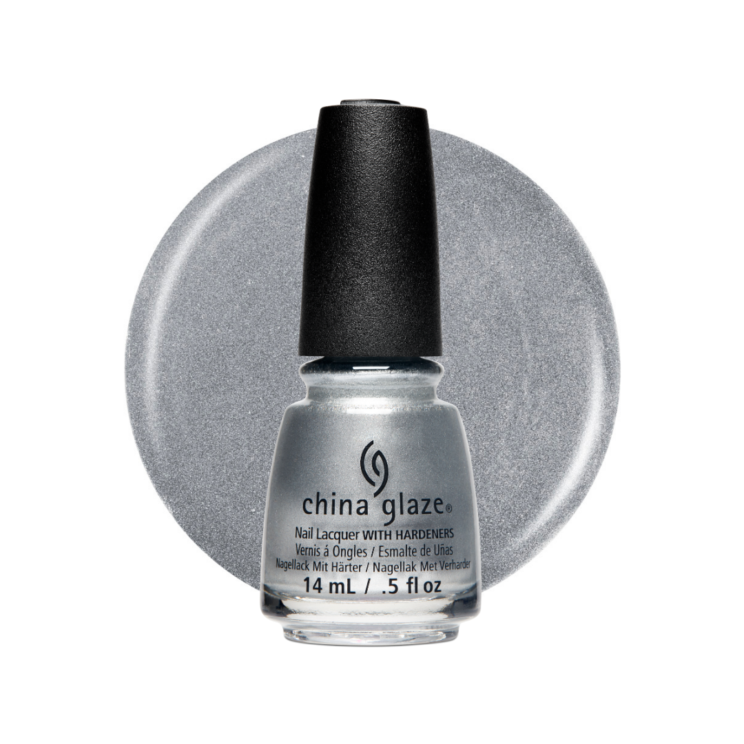 A bottle of China Glaze nail polish with a black cap, shown in front of a circular silver glitter swatch on a white background.
