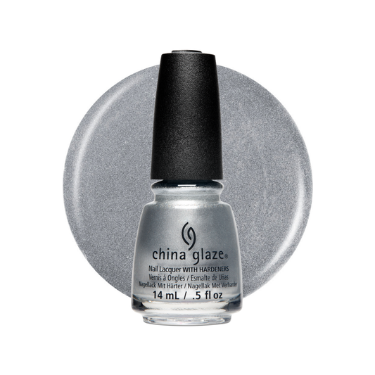 A bottle of China Glaze nail polish with a black cap, shown in front of a circular silver glitter swatch on a white background.