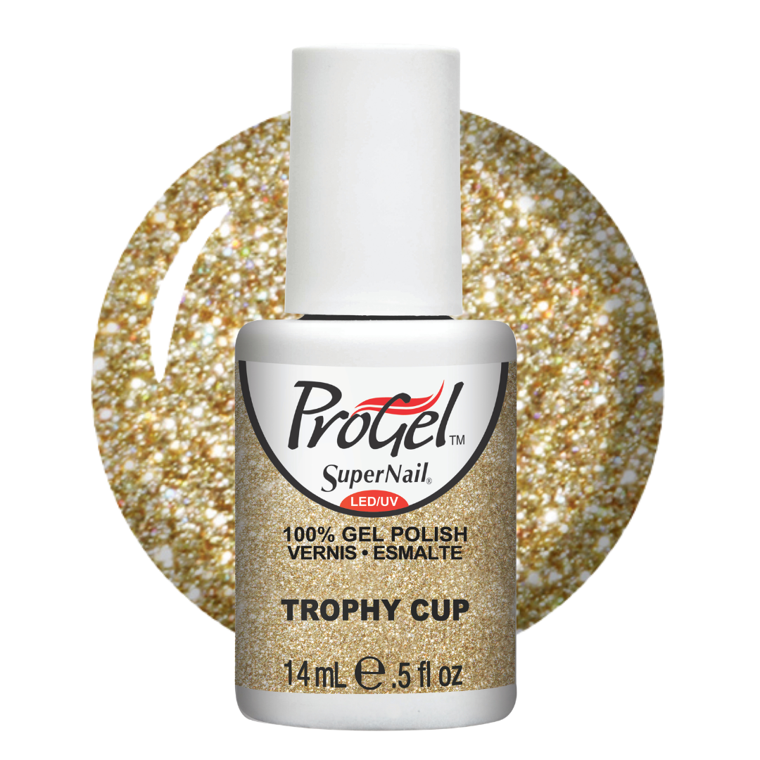A bottle of ProGel SuperNail LED UV Gel Polish in the shade Trophy Cup, featuring a white cap and a glittery gold label, set against a circular gold glitter swatch on a white background.