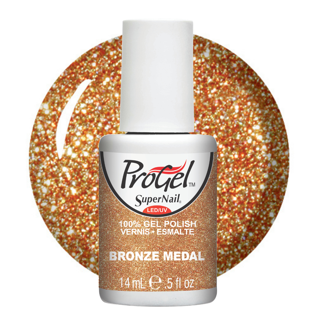 A bottle of ProGel SuperNail LED gel polish in the shade 'Bronze Medal', shown in front of a circular glitter swatch of the same color on a white background.
