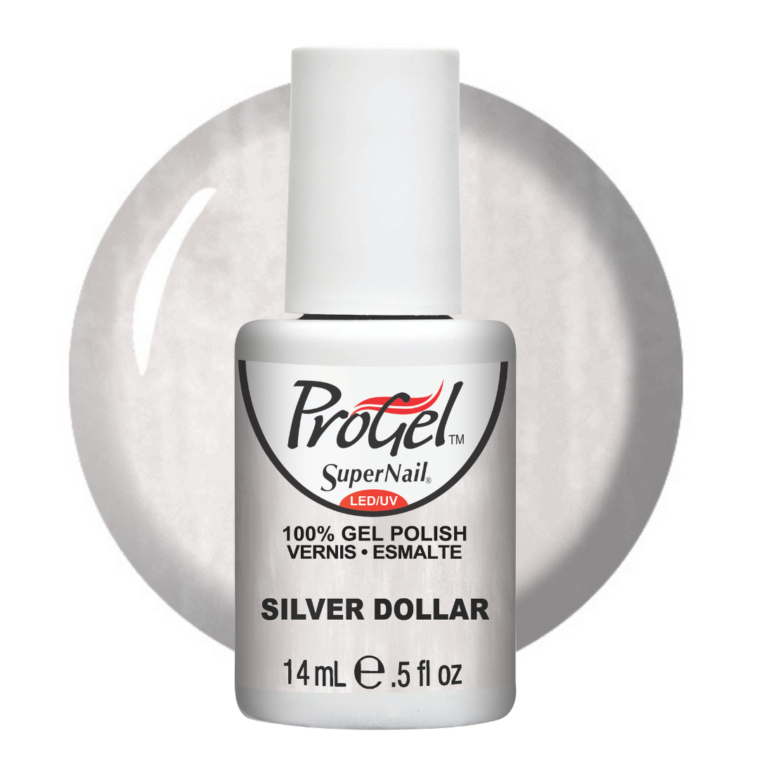 A bottle of ProGel SuperNail LED UV gel polish in the shade Silver Dollar, shown against a white background with a circular swatch of the silver polish behind it.
