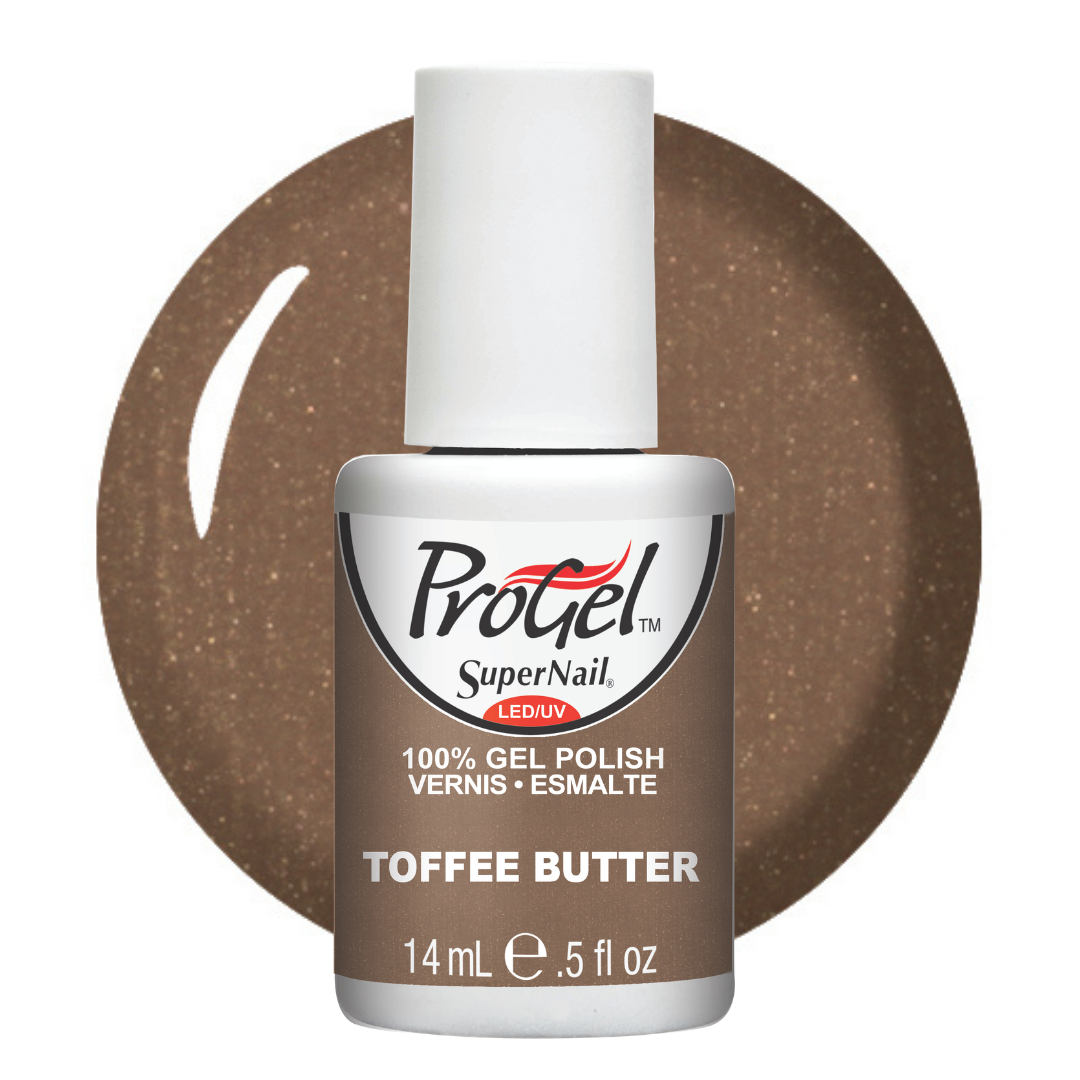 A bottle of Progel SuperNail LED gel polish in the shade Toffee Butter, shown against a white background with a brown glitter swatch circle behind it.