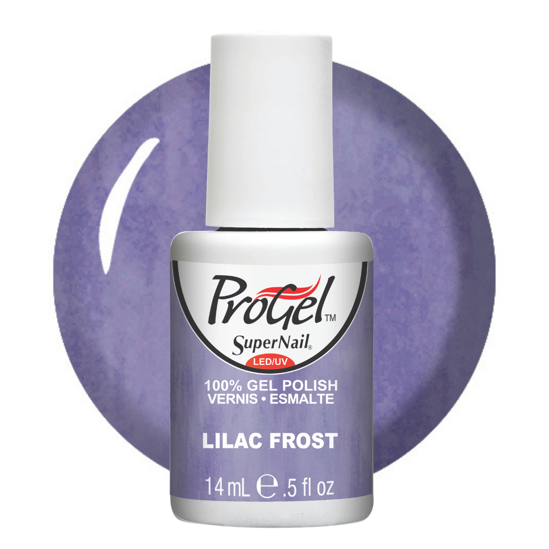 A bottle of Progel SuperNail LED gel polish in the shade Lilac Frost, featuring a white cap and a lavender-purple label, set against a matching lavender circular background on a white studio backdrop.