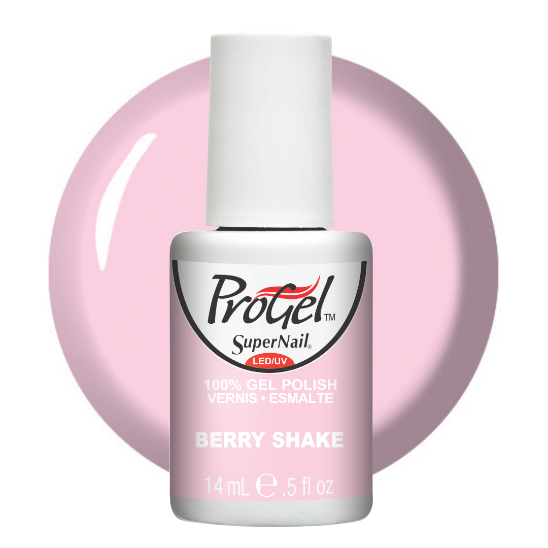 A bottle of Progel SuperNail LED UV gel nail polish in the shade Berry Shake, featuring a light pink color swatch background.
