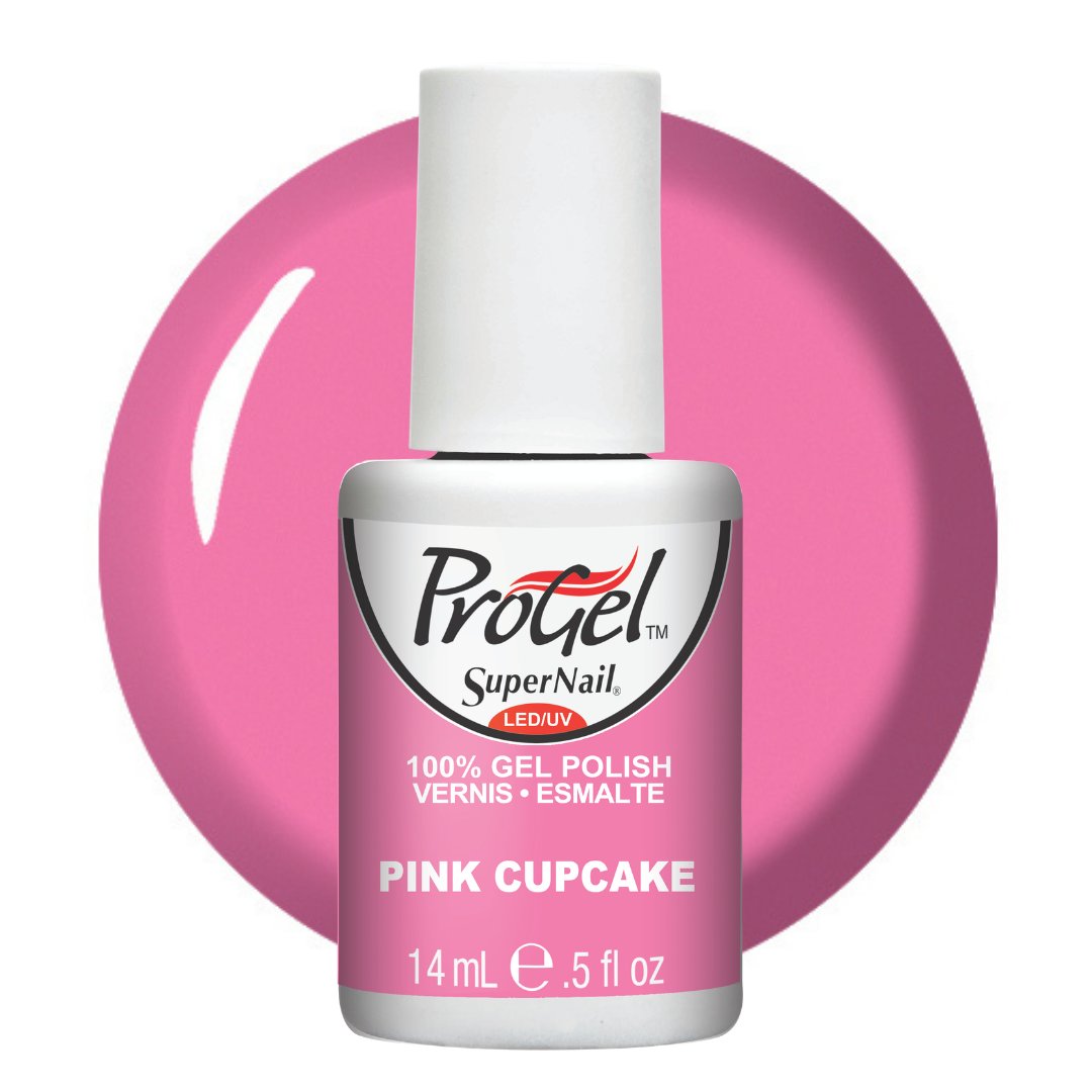 A bottle of Progel SuperNail LED gel polish in the shade Pink Cupcake, shown against a vibrant pink circular background on a white studio backdrop.