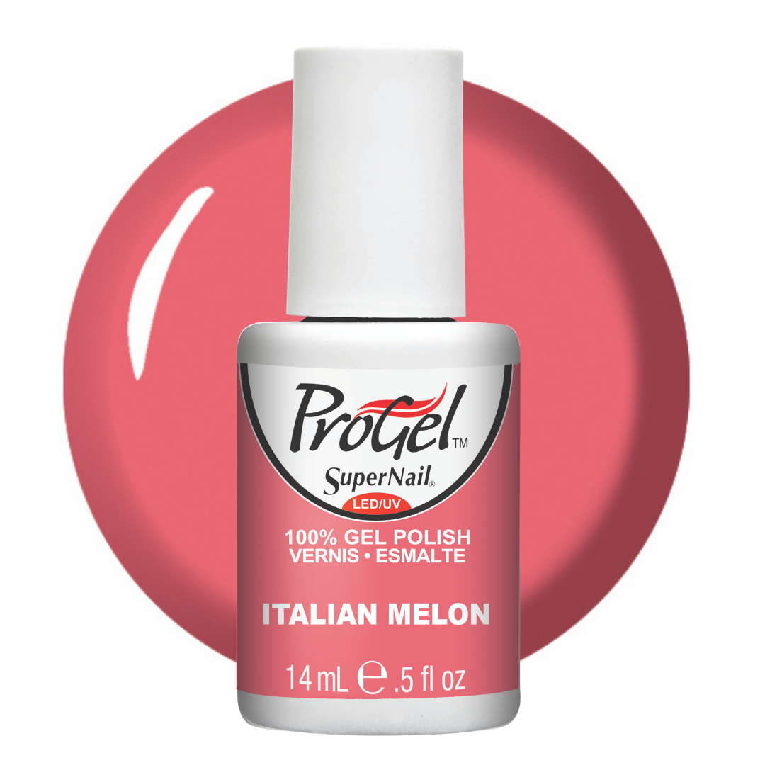 A bottle of Progel SuperNail LED gel polish in the shade 'Italian Melon', featuring a pink and white label with a white cap, set against a large pink circular background swatch on a white studio background.