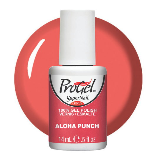 A bottle of Projel SuperNail LED gel polish in the shade Aloha Punch, shown against a white background with a large coral-pink circular color swatch behind it.