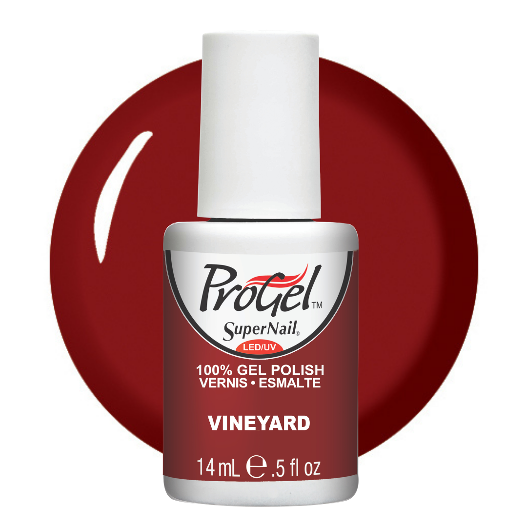 A bottle of ProGel SuperNail LED gel polish in the shade Vineyard, featuring a deep red color shown both on the bottle label and as a circular color swatch behind it.