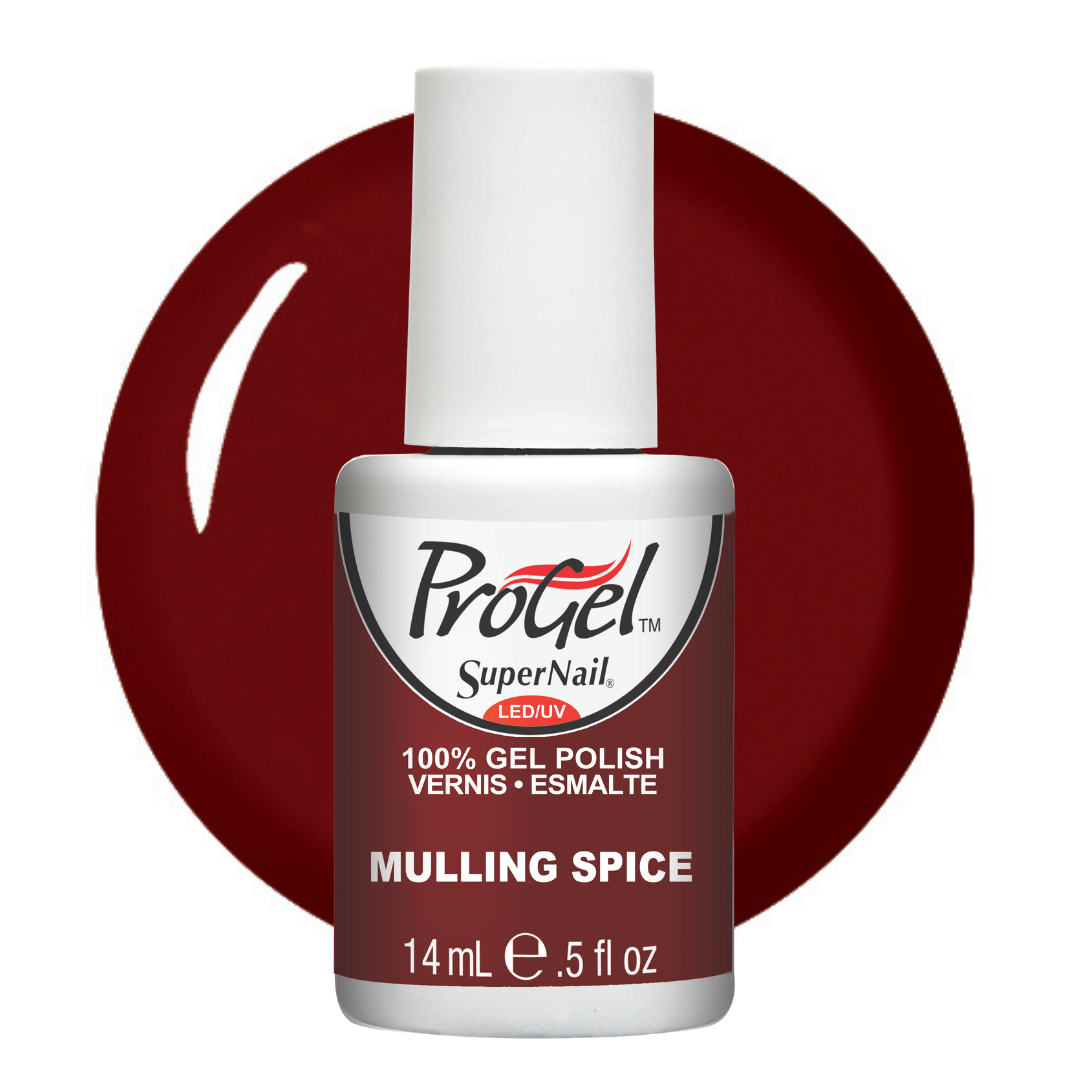 A bottle of ProGel SuperNail LED gel polish in the shade 'Mulling Spice', featuring a deep reddish-brown color shown both in the bottle label and as a circular swatch behind it. The bottle has a white cap and a silver and white label.