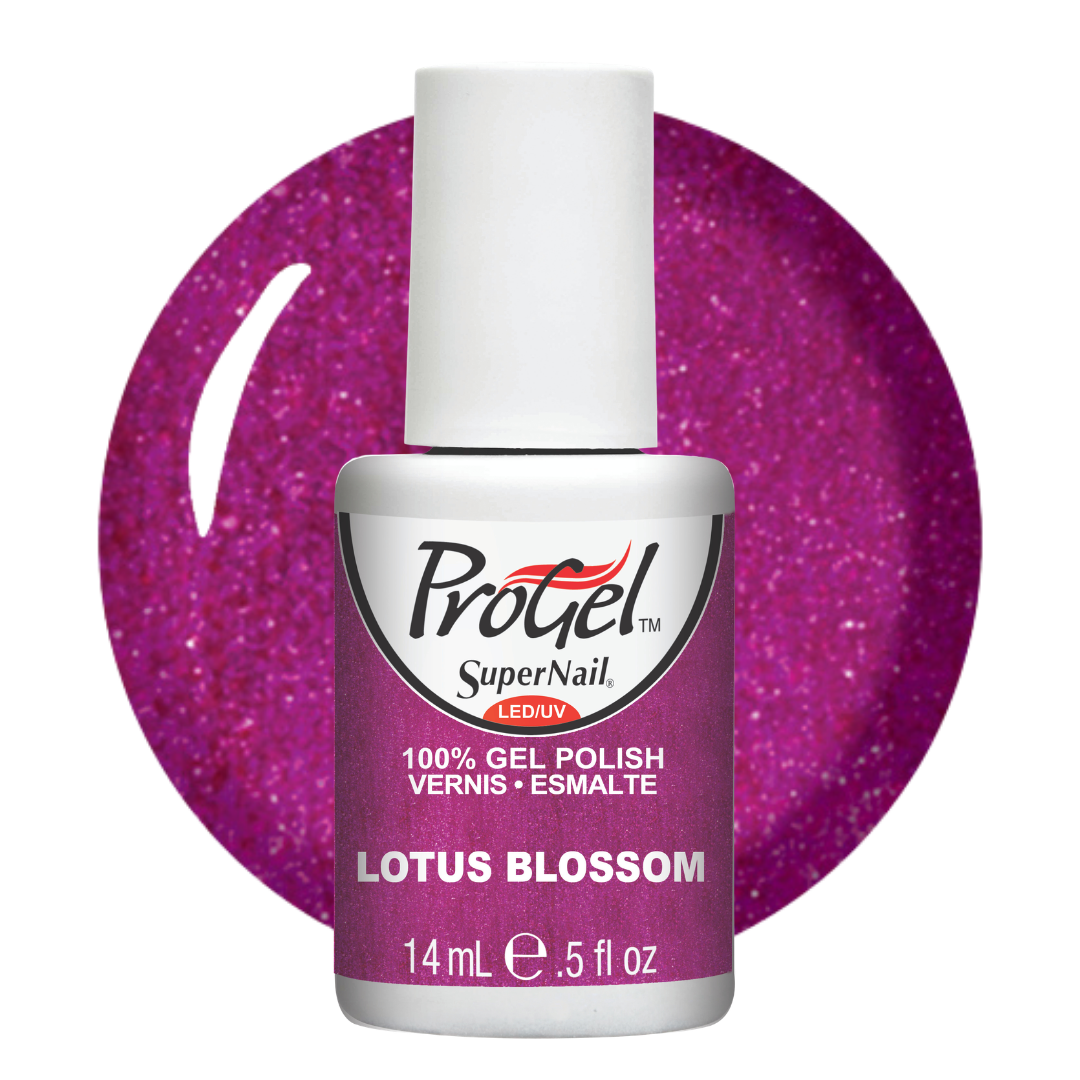 A bottle of ProGel SuperNail LED gel polish in the shade Lotus Blossom, shown in front of a circular glitter swatch of the same vibrant magenta-purple color on a white background.