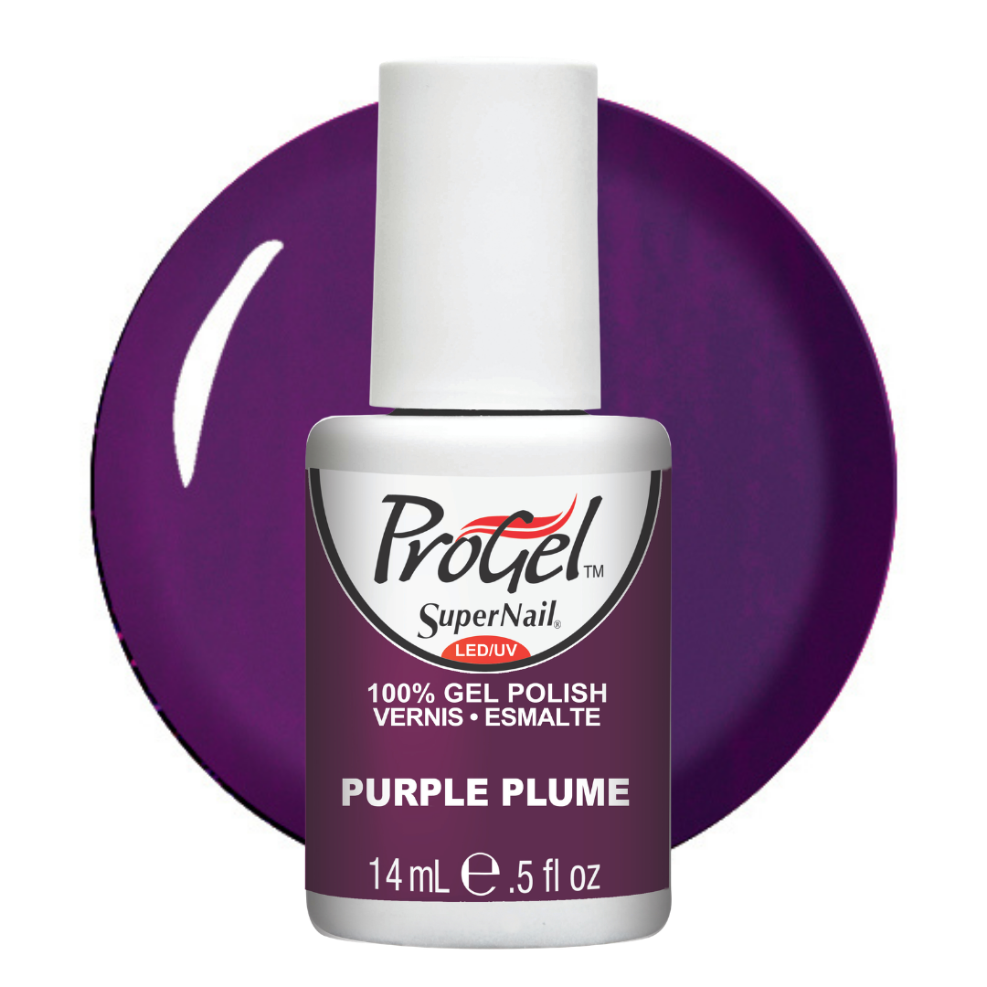 A bottle of Progel SuperNail LED gel polish in the shade Purple Plume, shown against a matching purple circular background swatch on a white studio background.