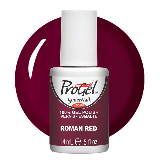 A bottle of ProGel SuperNail LED gel polish in the color 'Roman Red', shown against a white background with a large circular swatch of the deep burgundy polish behind it.