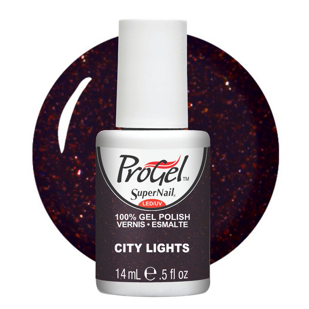 A bottle of Progel SuperNail LED gel polish in the shade City Lights, featuring a dark glittery burgundy polish with gold flecks, shown in front of a circular color swatch on a white background.